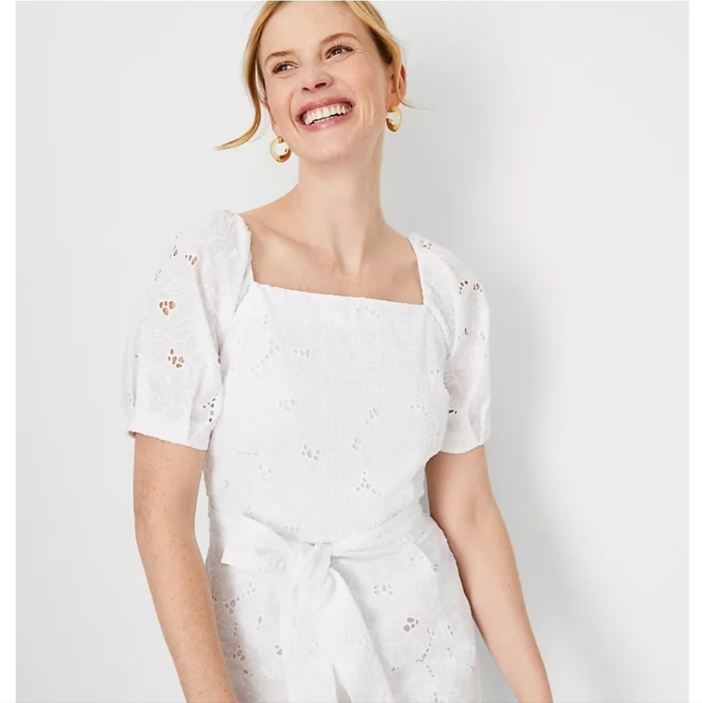 Ann Taylor Women's White Eyelet Puff Sleeve Midi Dress - Picture 3 of 17